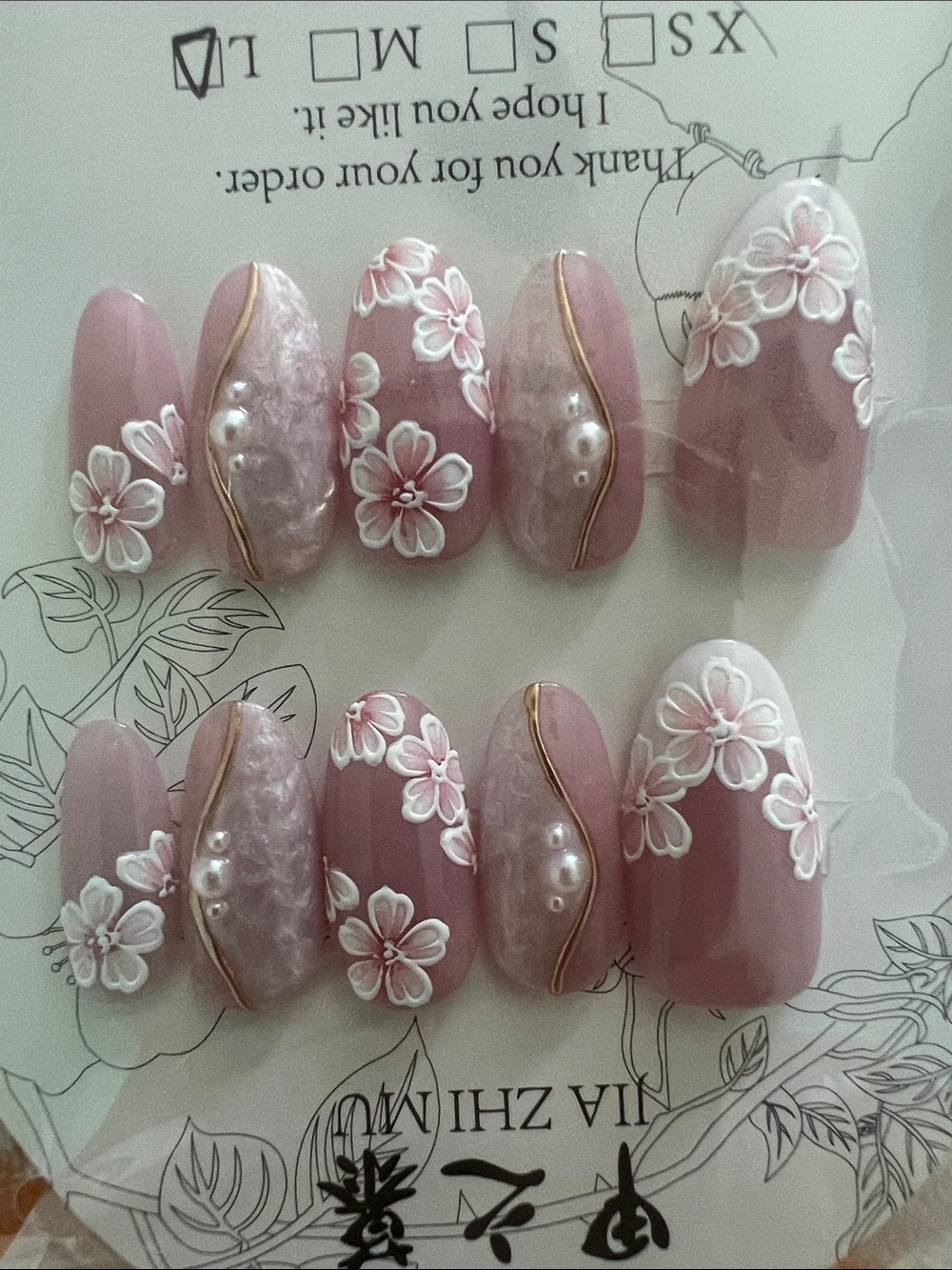 Jia new size large Pink Floral 3D  Press-On Nail Set with Pearls.